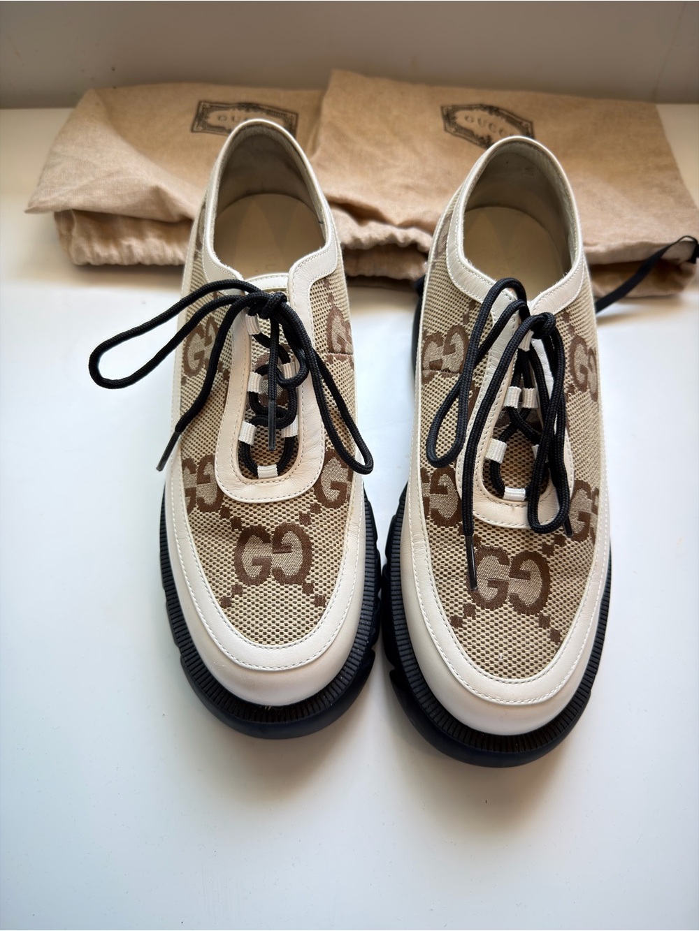 Gucci Cream and Brown Logo Lace-Up Platform Boots - Picture 2 of 4